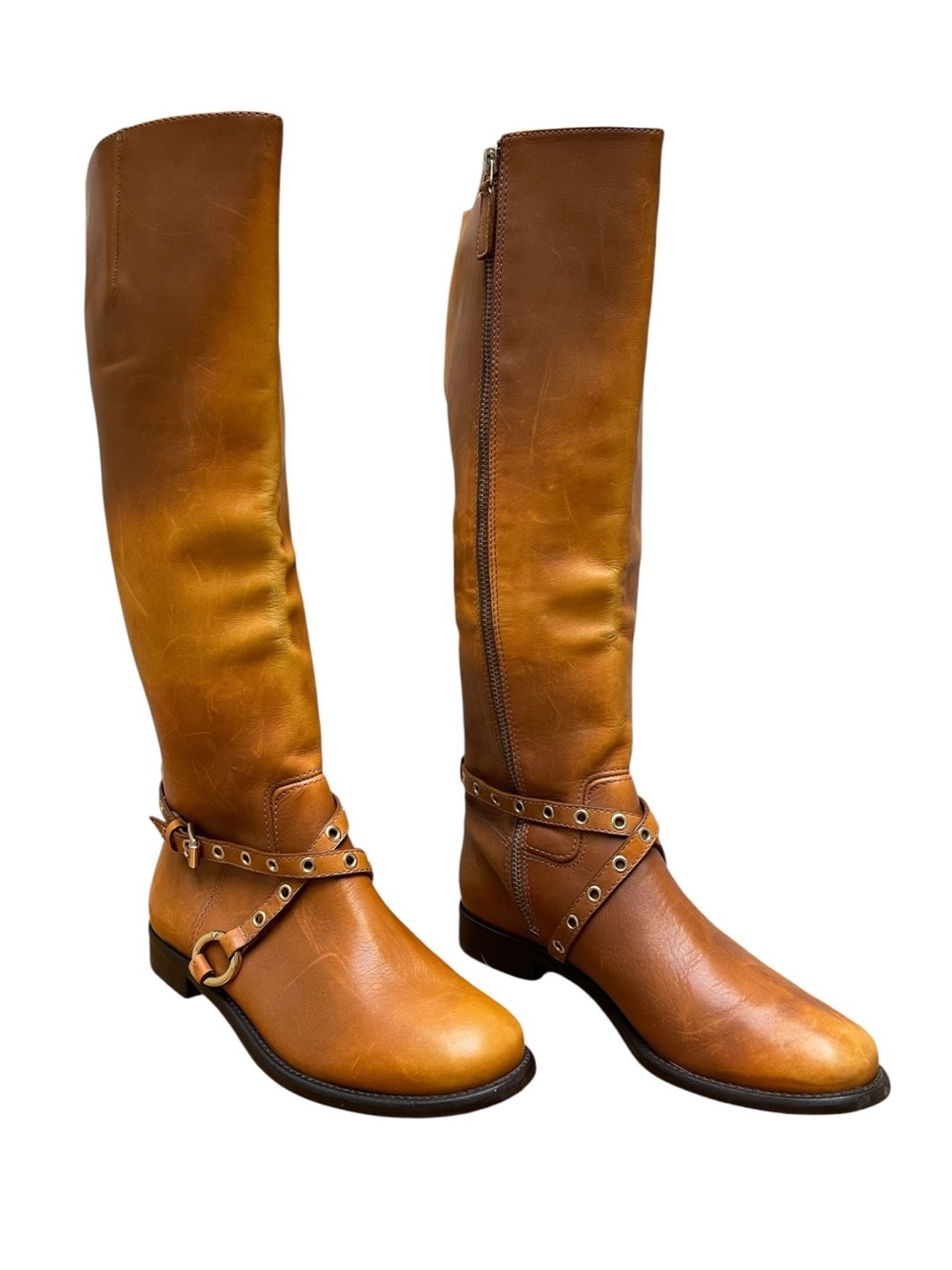 DVF Diane von Furstenberg Cognac Distressed Leather Harness Riding Boots Brown